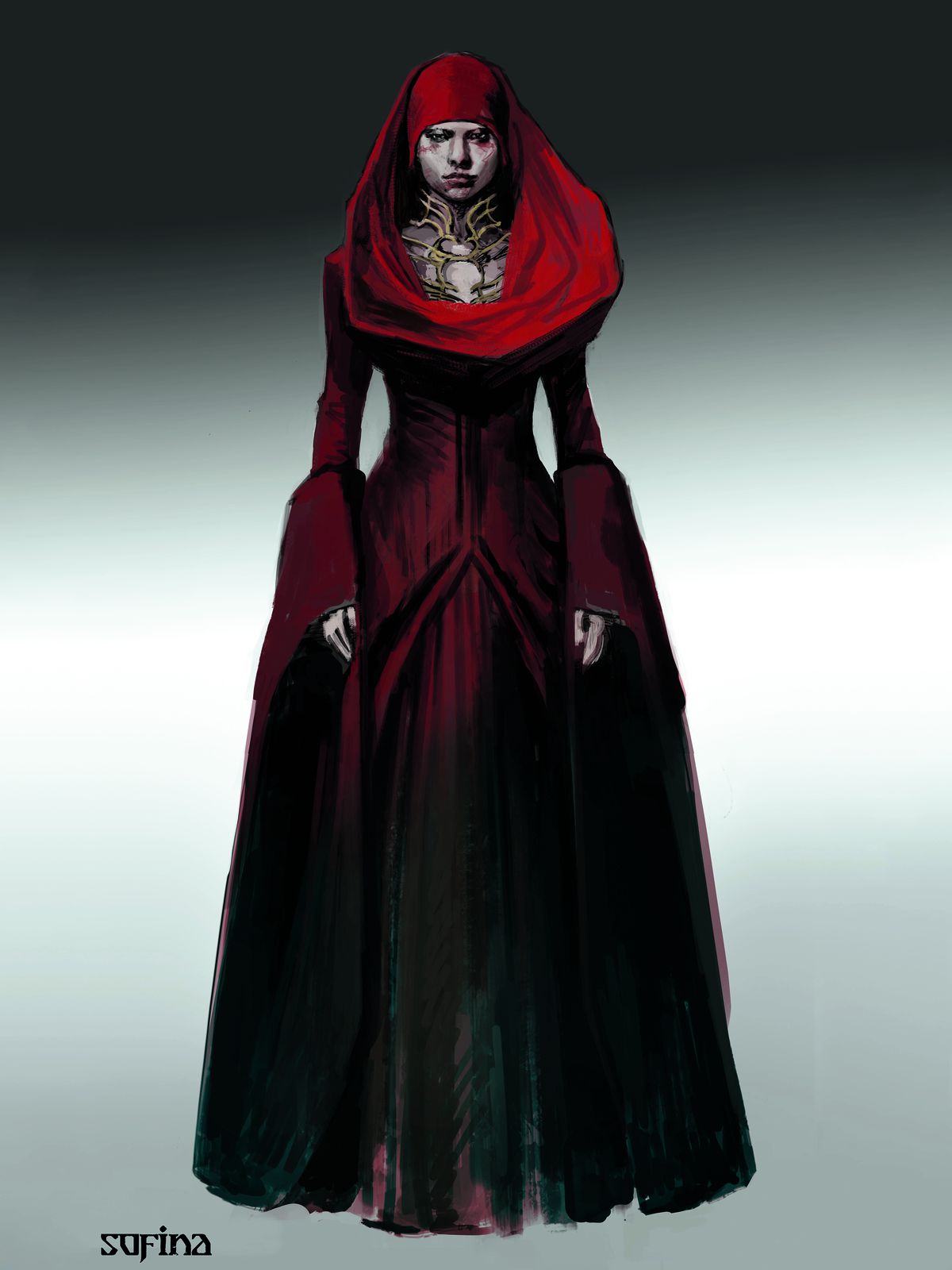 Art conceptuel de Sofina, une magicienne rouge de Thay dans Donjons et Dragons : Honneur parmi les voleurs.  Elle porte une longue robe rouge-noire comme son dernier look de film, avec une calotte.