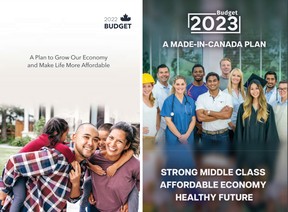 À gauche se trouve la page couverture du budget fédéral 2022, avec son titre officiel.  Et à droite se trouve la page couverture du budget fédéral 2023, avec son titre officiel.  Cela ne veut pas dire que la conception graphique est une formule, mais il semble que l'intelligence artificielle pourrait faire ce travail plus tôt que tard.