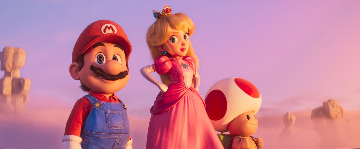 Mario (Chris Pratt), Peach (Anya Taylor-Joy) et Toad (Keegan Michael-Key) se lèvent et regardent la vue