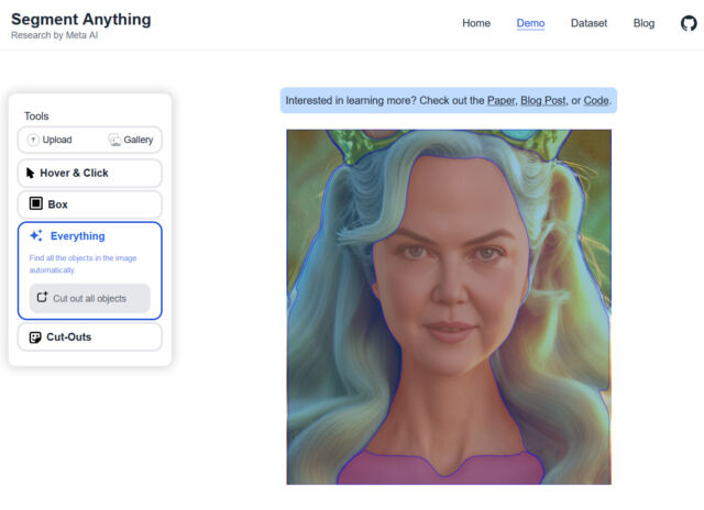 Une capture d'écran du site Web de démonstration Segment Anything de Meta, isolant "Tout" dans l'image.