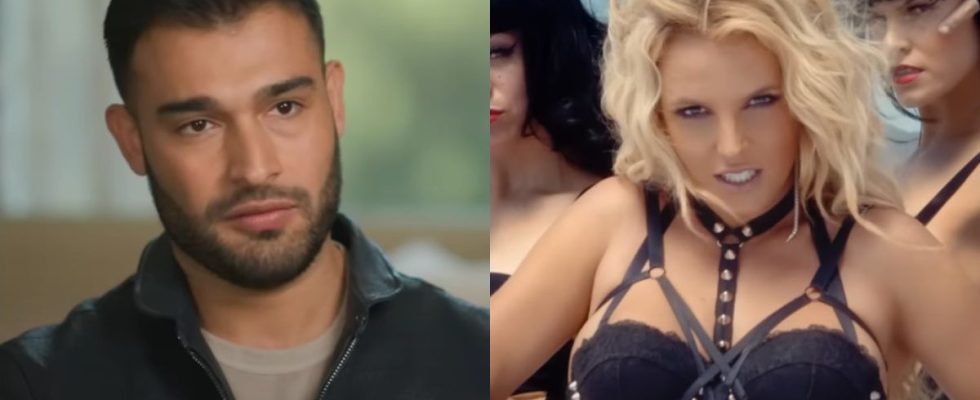 Sam Asghari in ABC News interview and Britney Spears in Work Bitch music video.