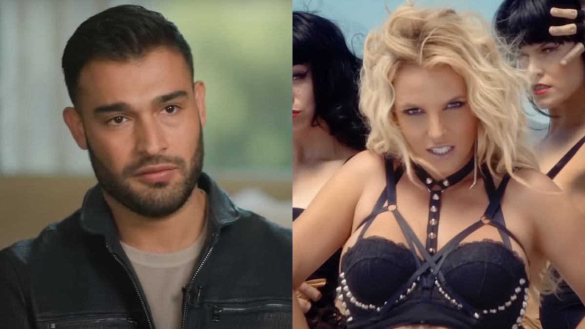 Sam Asghari in ABC News interview and Britney Spears in Work Bitch music video.