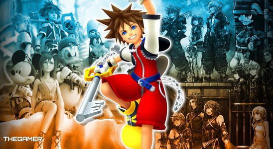 Sora in front a backdrop of several characters from Kingdom Hearts.