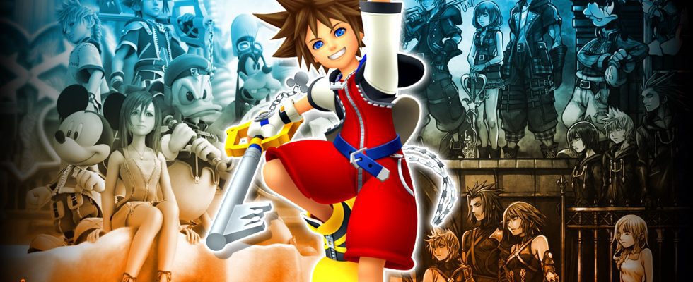 Sora in front a backdrop of several characters from Kingdom Hearts.