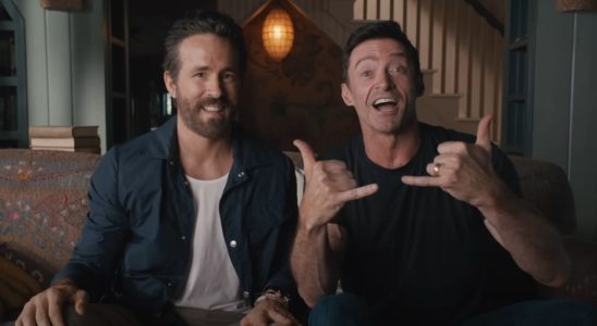 From left to right: Ryan Reynolds smiling and Hugh Jackman throwing a hang loose sign in the Deadpool 3 announcement video.