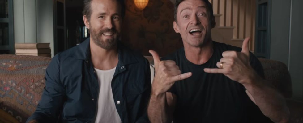 From left to right: Ryan Reynolds smiling and Hugh Jackman throwing a hang loose sign in the Deadpool 3 announcement video.