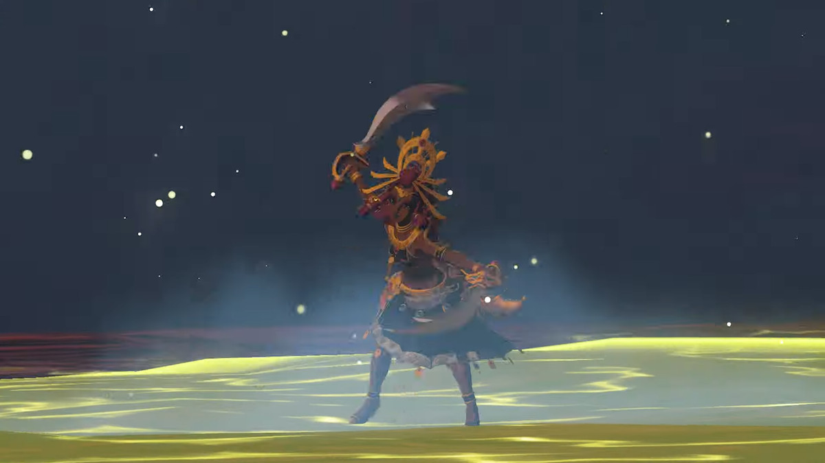 Une image de Lady Riju dans The Legend of Zelda : Tears of the Kingdom.  Elle brandit le Thunder Helm et deux épées. 