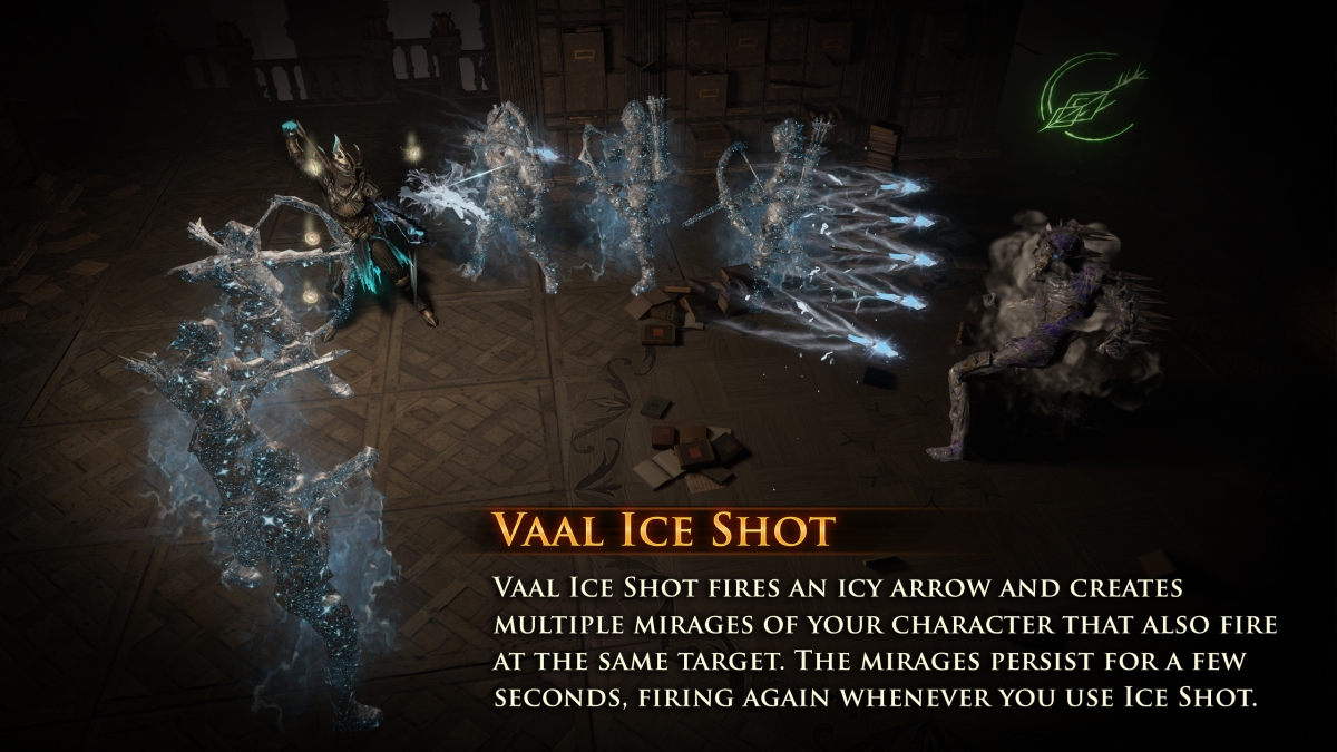 les neuf nouvelles compétences du guide expliqué Path of Exile Crucible - Vaal Absolution, Domination, Reap, Rejuvenation Totem, Animate Weapon, Arctic Armor, Ice Shot, Lightning Arrow et Firestorm.