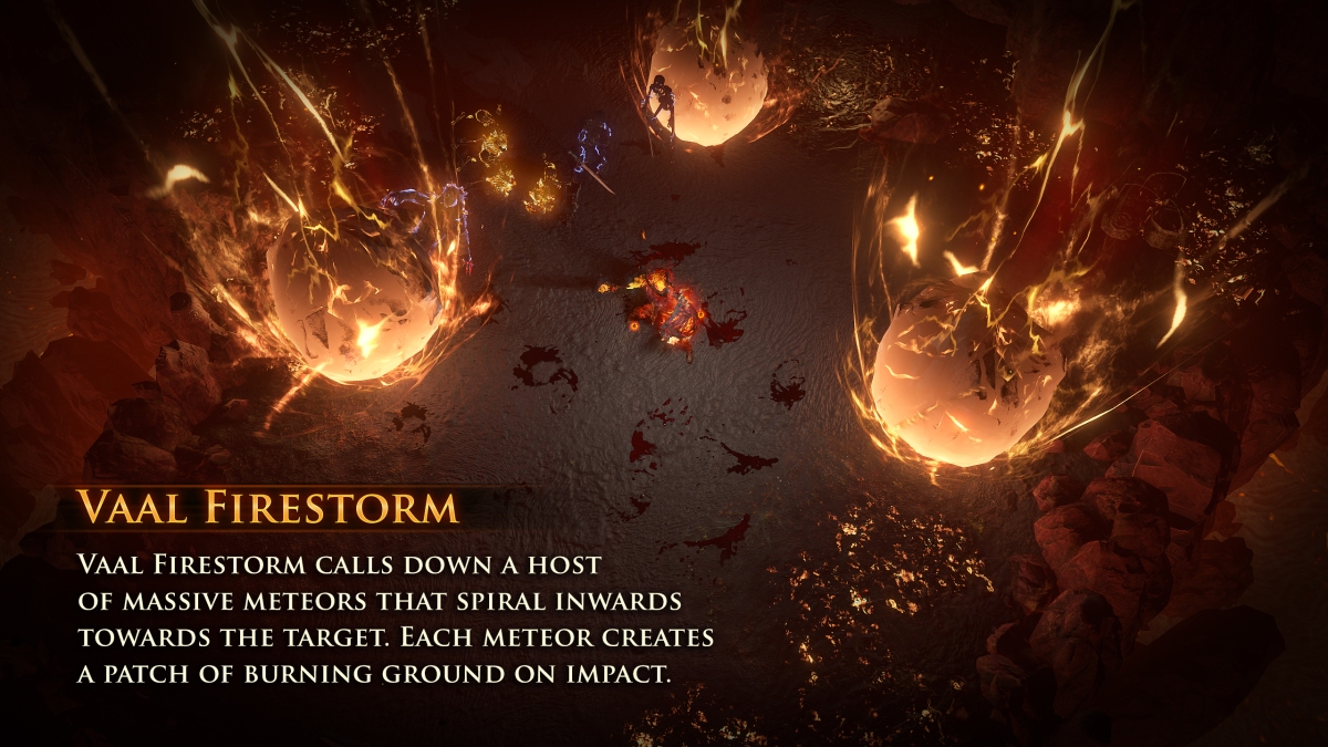 les neuf nouvelles compétences du guide expliqué Path of Exile Crucible - Vaal Absolution, Domination, Reap, Rejuvenation Totem, Animate Weapon, Arctic Armor, Ice Shot, Lightning Arrow et Firestorm.