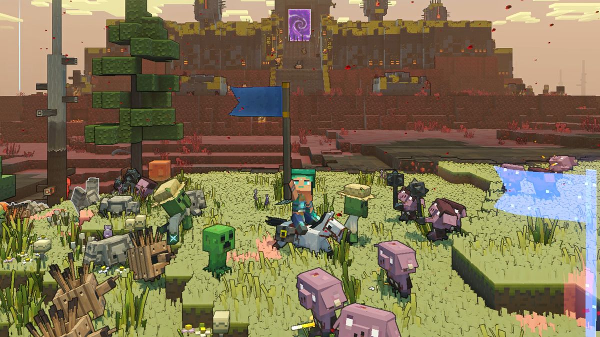 Le joueur lève une bannière au sommet de son cheval pour rallier l'armée à ses côtés tandis que les Piglins pullulent autour de la scène dans Minecraft Legends.