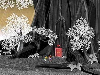 Meilleurs jeux Mario - Capture d'écran Paper Mario the Thousand Year Door montrant Mario et ses amis devant une petite porte rouge dans un arbre gris géant avec des fleurs blanches au style artistique pictural.