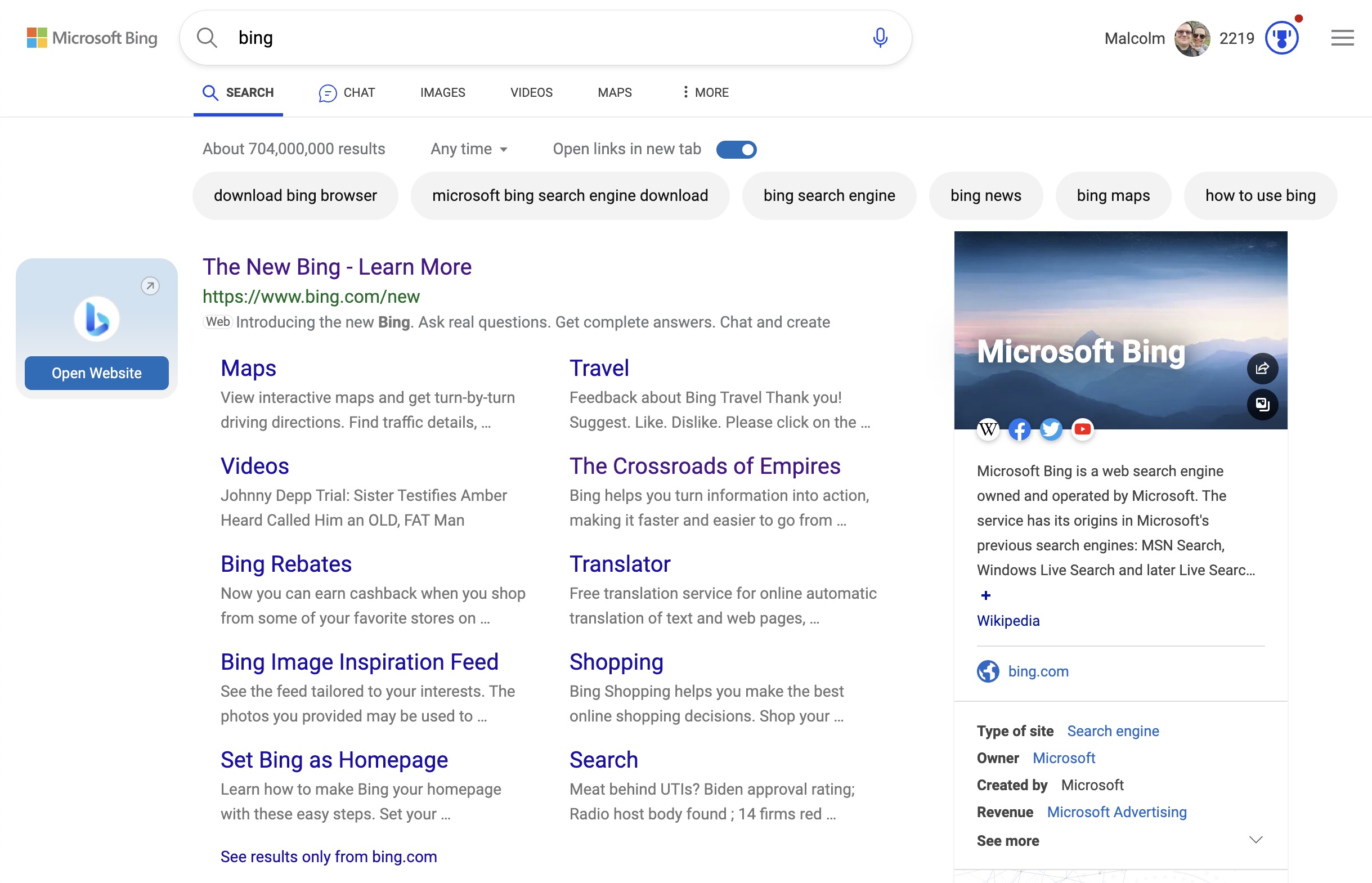 Bing avec les résultats ChatGPT dans la recherche Bing