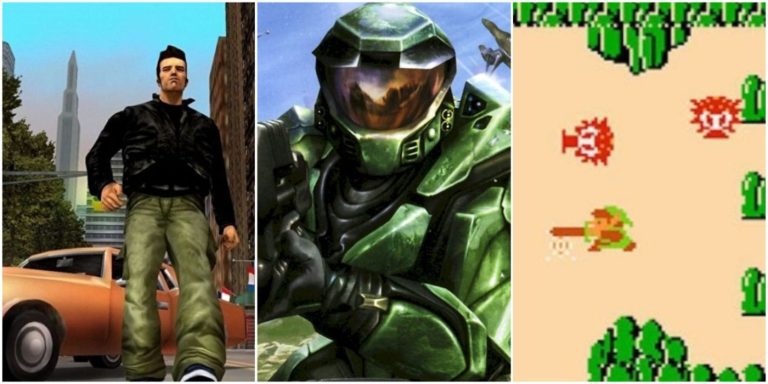 A split image showing Claude from Grand Theft Auto III, Master Chief from Halo: Combat Evolved, and Link from The Legend of Zelda