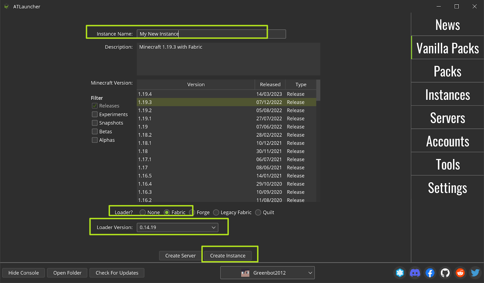 Sélectionnez la version 1.19.3 et le chargeur de tissu