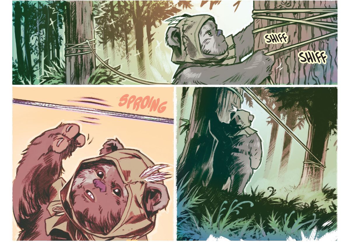 Un ewok installe soigneusement un fil de déclenchement à hauteur de speederbike entre deux arbres dans Star Wars: Return of the Jedi - Ewoks # 1 (2023).