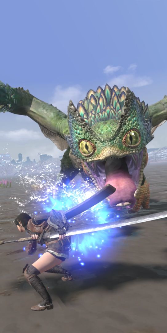 Un joueur humain se prépare à frapper un Pukei-Pukei dans un environnement marécageux dans une capture d'écran de Monster Hunter Now