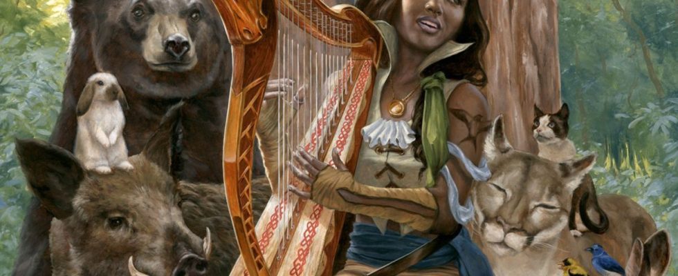 A Bard from D&D plays the harp in front of an array of animals