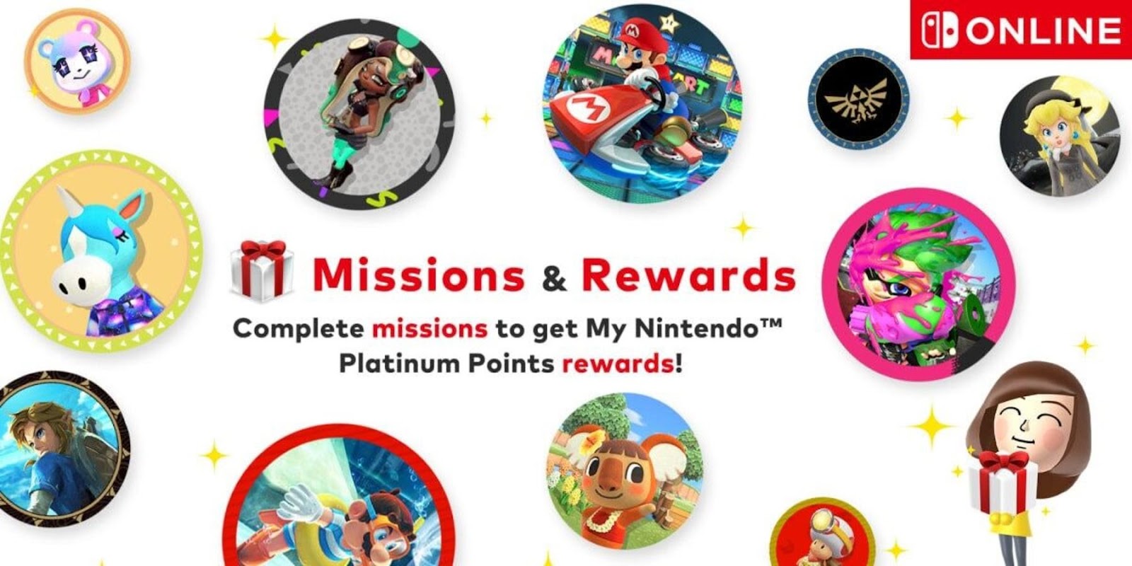 Une variété d'icônes personnalisables que vous pouvez gagner via la section Missions et récompenses de Nintendo sur Nintendo Switch Online.