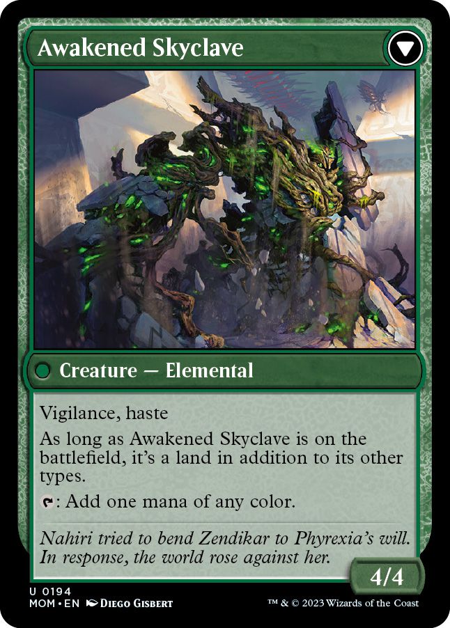 Awakened Skyclave est une créature élémentaire avec 4/4, vigilance et célérité avec des pouvoirs supplémentaires, y compris la capacité d'être utilisée comme carte de terrain.