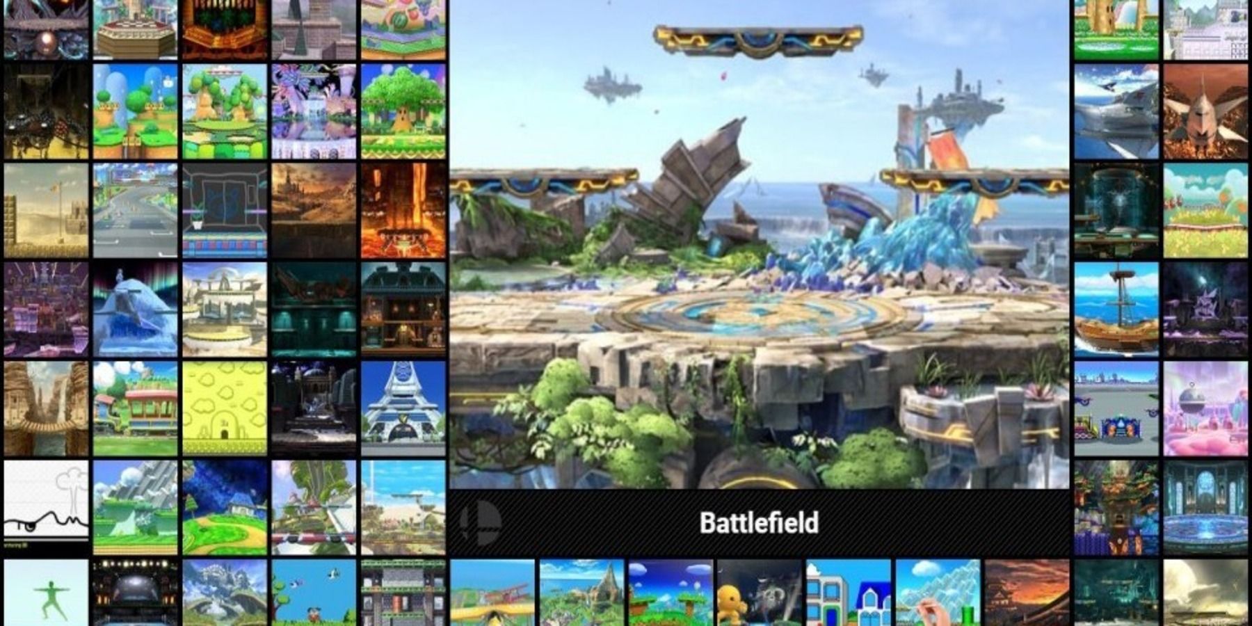 Une liste de nombreuses étapes dans Super Smash Bros. Ultimate, Battlefield étant au centre.