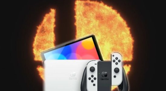 The Smash fire logo with a Nintendo Switch OLED Model in the foreground.