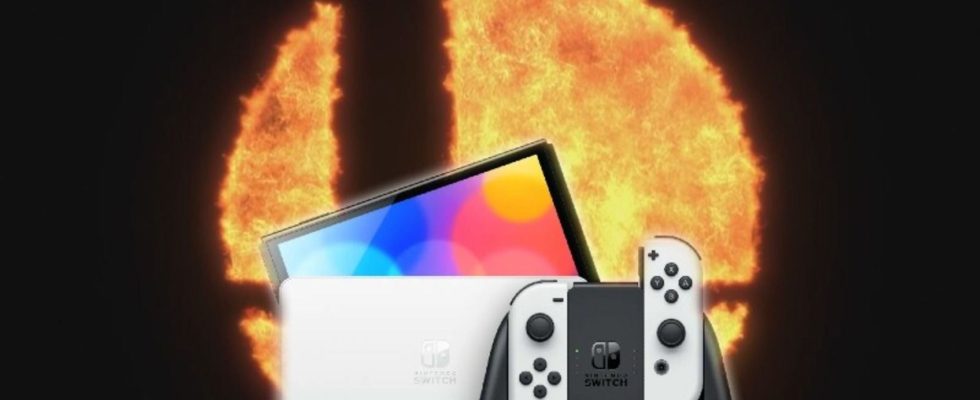 The Smash fire logo with a Nintendo Switch OLED Model in the foreground.