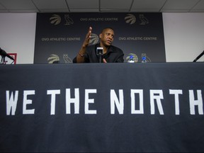 Après le départ de l'entraîneur Nick Nurse, le président des Raptors de Toronto, Masai Ujiri, s'adresse aux médias au OVO Athletic Centre de Toronto le vendredi 21 avril 2023. (Ernest Doroszuk/Toronto Sun/Postmedia)