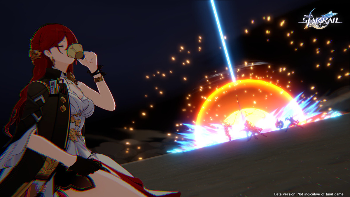 Une image du coup ultime d'Himeko dans Honkai: Star Rail.  Un satellite tire un laser mortel géant sur l'équipe adverse alors qu'elle sirote du thé avec désinvolture. 