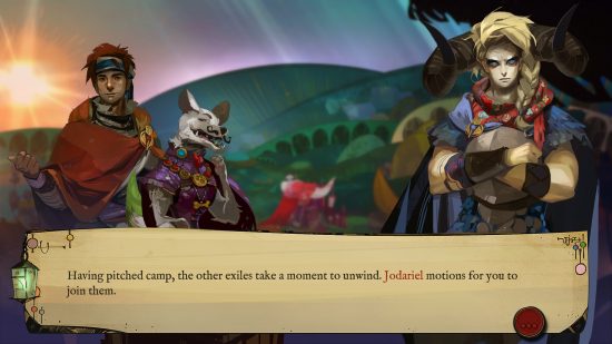 Supergiant Steam sale - Pyre : trois personnages, Hedwyn, Rukey et Jodariel, regardent la caméra avec impatience, invitant le lecteur à s'asseoir avec eux