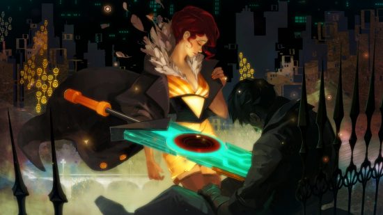 Vente Supergiant Games Steam - Transistor: Red, une dame aux cheveux roux vibrants vêtue d'une robe dorée et noire, tire le transistor turquoise brillant d'un corps sans vie