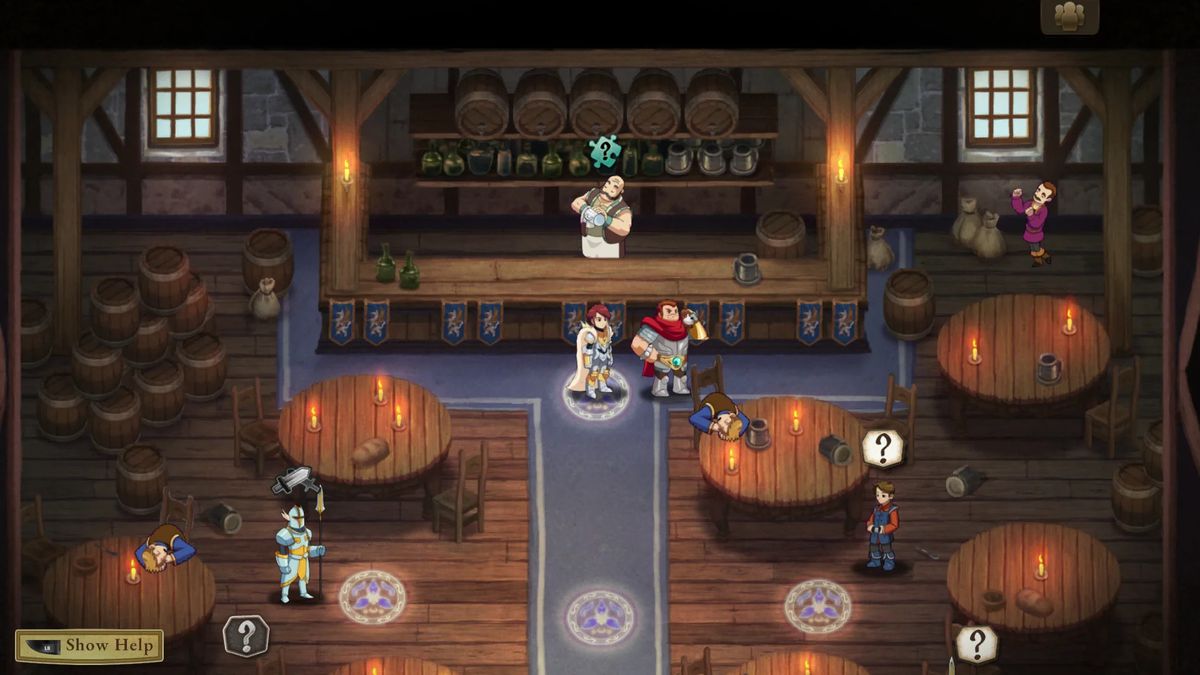 Une scène de taverne dans Might &AMP ;  Magic: Clash of Heroes, avec des personnages debout autour