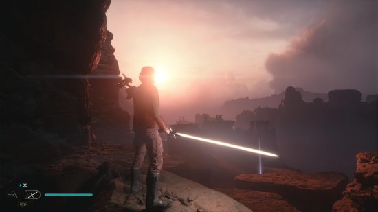 Cal Kestis avec un sabre laser Crossguard blanc sur la planète Jedha dans Star Wars Jedi Survivor