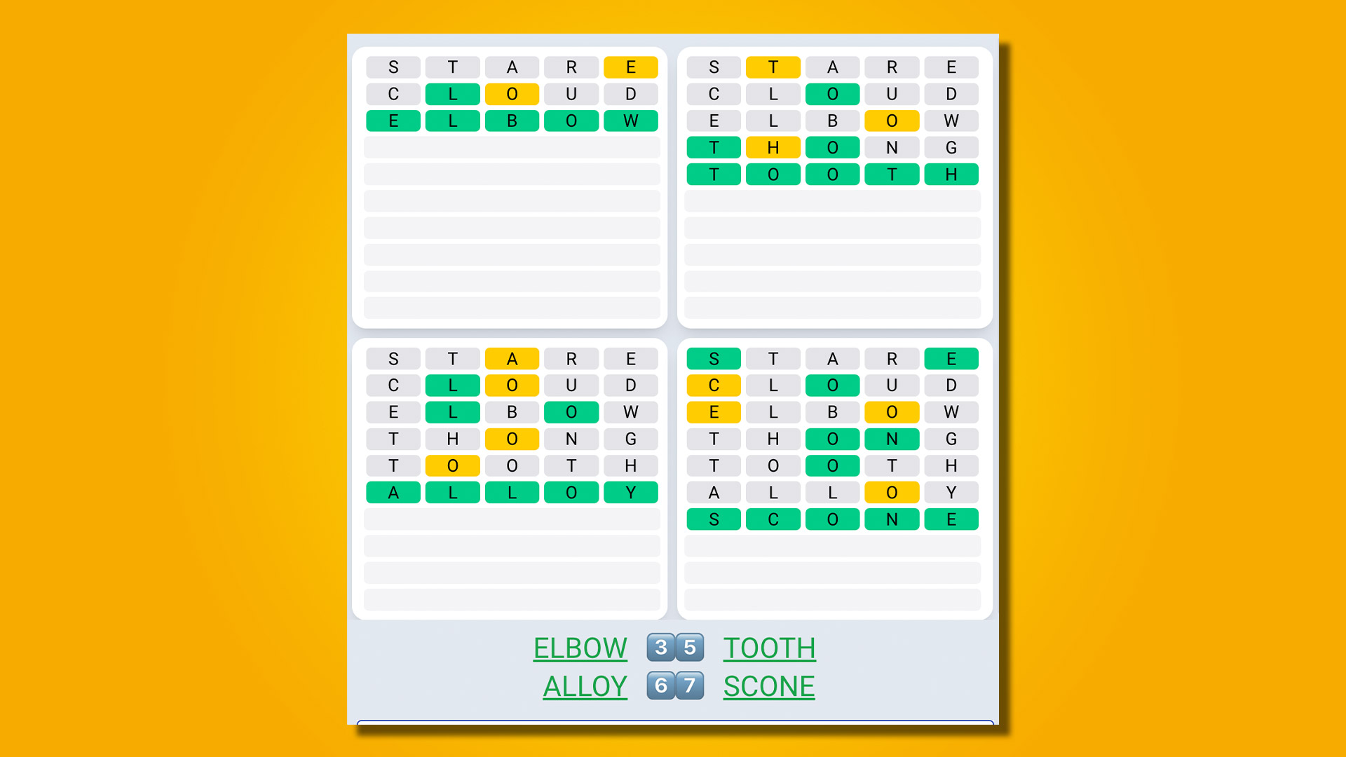 Quordle Daily Sequence répond à 460 sur fond jaune