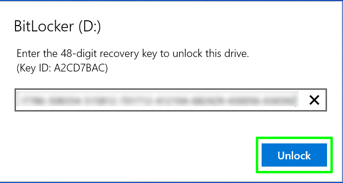 Collez la clé de récupération et cliquez sur Déverrouiller