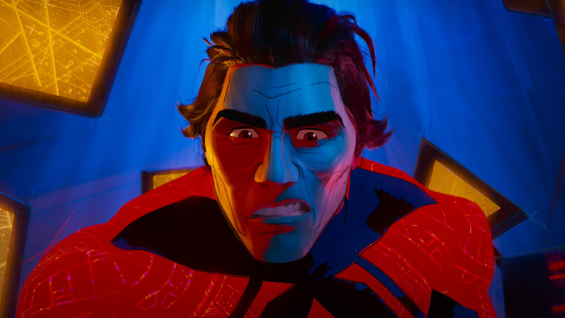 Miguel O'Hara regarde quelqu'un hors caméra dans Spider-Man: Across the Spider-Verse