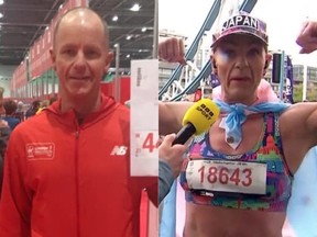 Glen Frank en 2019, à gauche, Glenique Frank après avoir couru le marathon de Londres 2023.