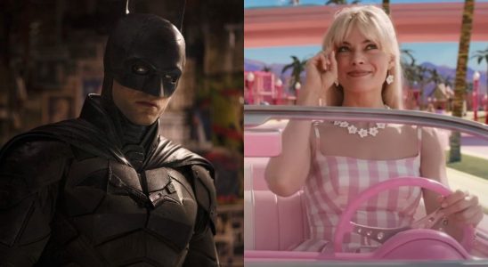 Robert Pattinson as Batman on the left and Margot Robbie as Barbie driving her car in Barbie.