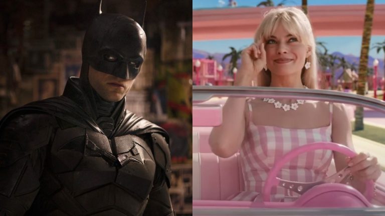 Robert Pattinson as Batman on the left and Margot Robbie as Barbie driving her car in Barbie.