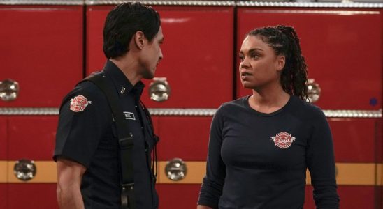 Barrett Doss as Vic Hughes and Carlos Miranda as Theo Ruiz on Station 19.