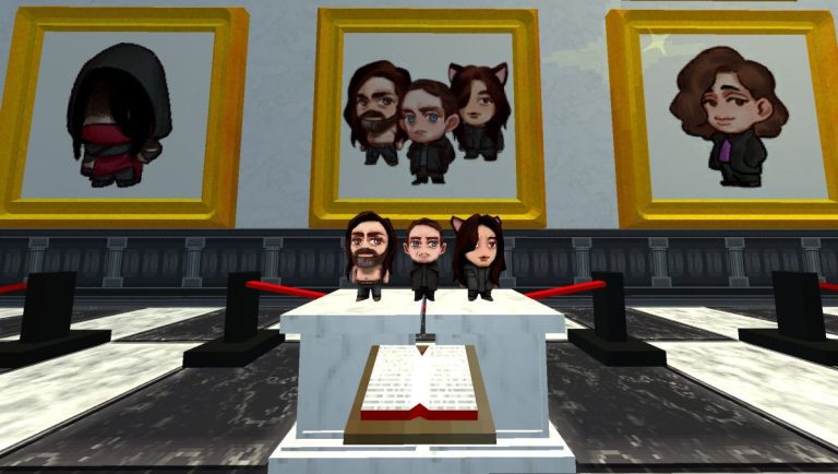 Chibi representation of the band HEALTH in an in-game museum in ULTRAKILL