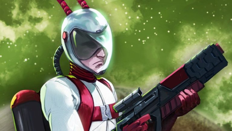 Main Darsonaut holding laser gun and looking tough on green background