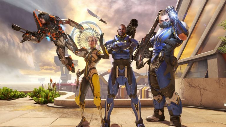 Characters from LawBreakers stand in a row, toting guns.