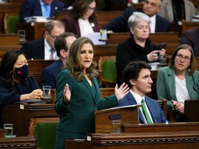 La ministre des Finances, Chrystia Freeland, présente le budget fédéral à la Chambre des communes sur la Colline du Parlement à Ottawa.