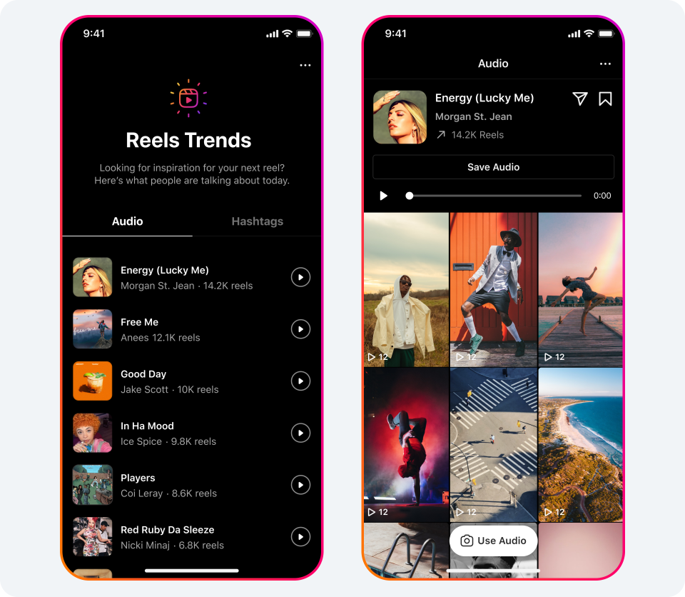 La nouvelle page dédiée d'Instagram pour les tendances audio et les hashtags