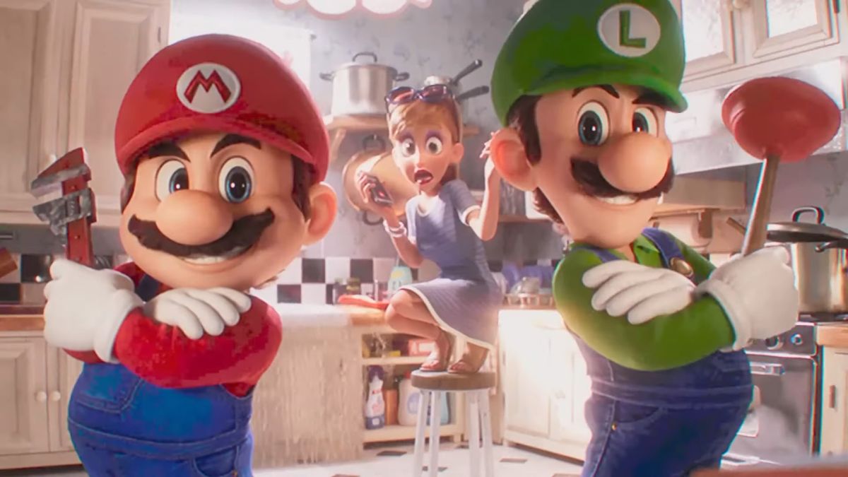 Mario and Luigi strike poses while wielding a wrench and a plunger, respectively, and a woman cowers atop a stool in the background.