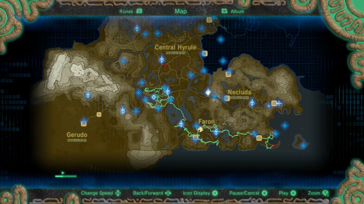 L'écran de carte de The Legend of Zelda: Breath of the Wild.  La carte a un itinéraire vert clair tracé dessus qui marque où le joueur avait précédemment exploré.