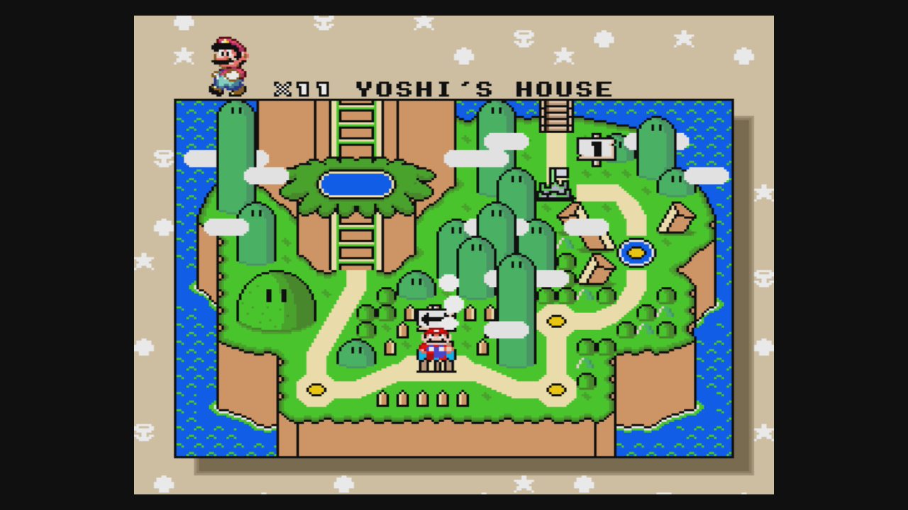 Meilleurs jeux Mario - Capture d'écran de Super Mario World montrant l'écran de la carte pour Yoshi's House.