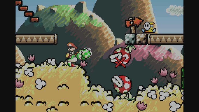 Meilleurs jeux Super Mario - Capture d'écran de Yoshi's Island montrant Mario et Yoshi combattant les plantes Pirhana