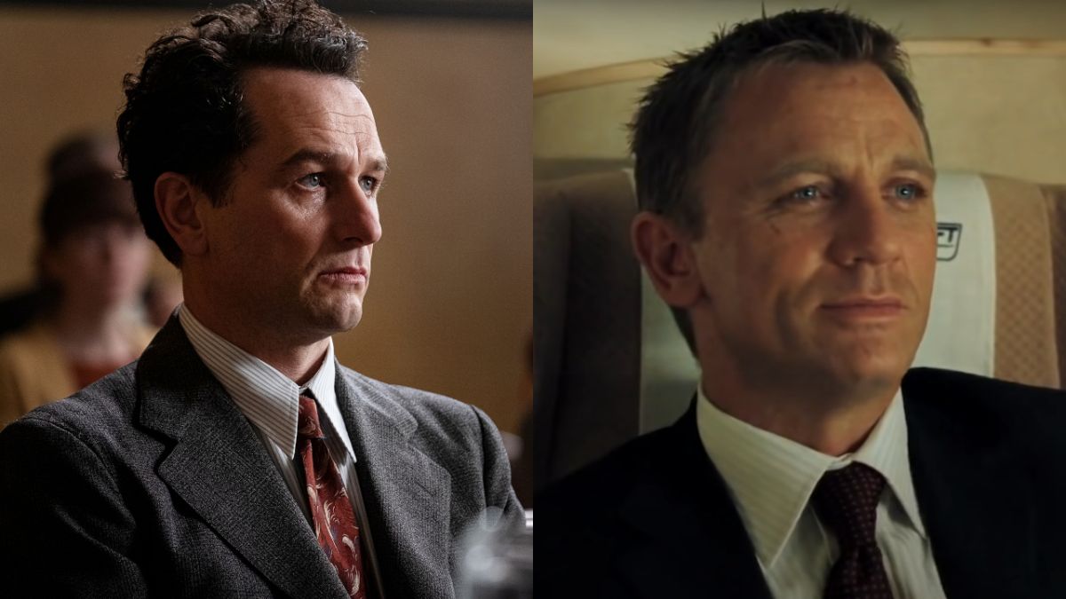 Matthew Rhys sitting in court in Perry Mason and Daniel Craig sitting in a dining car in Casino Royale, pictured side by side.