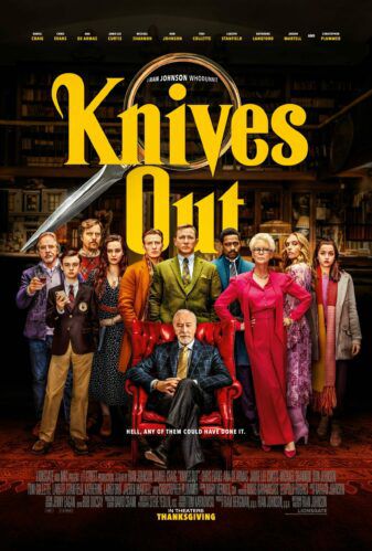 affiche du film 2019 Knives Out, mettant en vedette l'ensemble de la distribution sous le titre